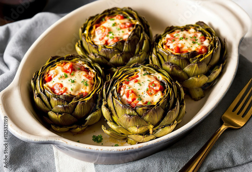 A ceramic dish containing tomato and cheese stuffed artichokes