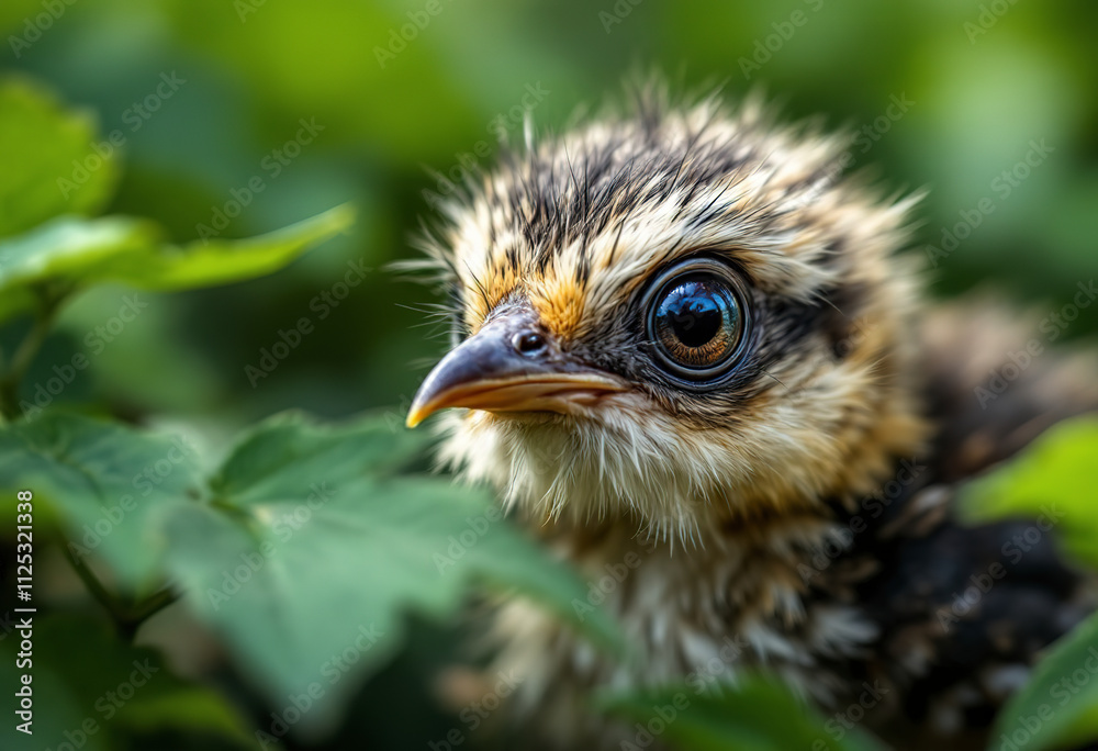 A close-up of a baby bird with a large eye and beak, surrounded by green foliage A close-up of a baby bird with a large eye and beak, surrounded by green foliage