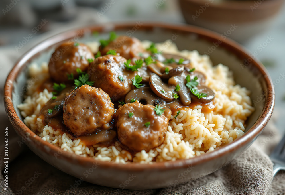 A close-up shot of a bowl with cooked rice, meatballs, and a mushroom sauce A close-up shot of a bowl with cooked rice, meatballs, and a mushroom sauce