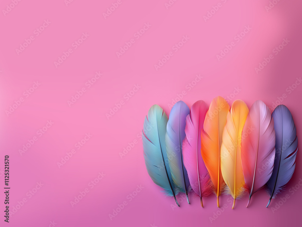 Colorful feathers isolated in a pink background Colorful feathers isolated in a pink background