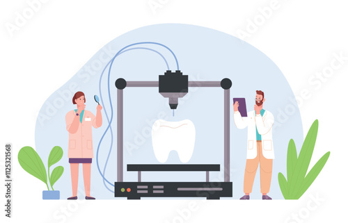Tooth 3d printing. Dentistry scientist engineer print teeth model prototype computer engineering machine orthodontic lab, future innovation technology medicine vector illustration