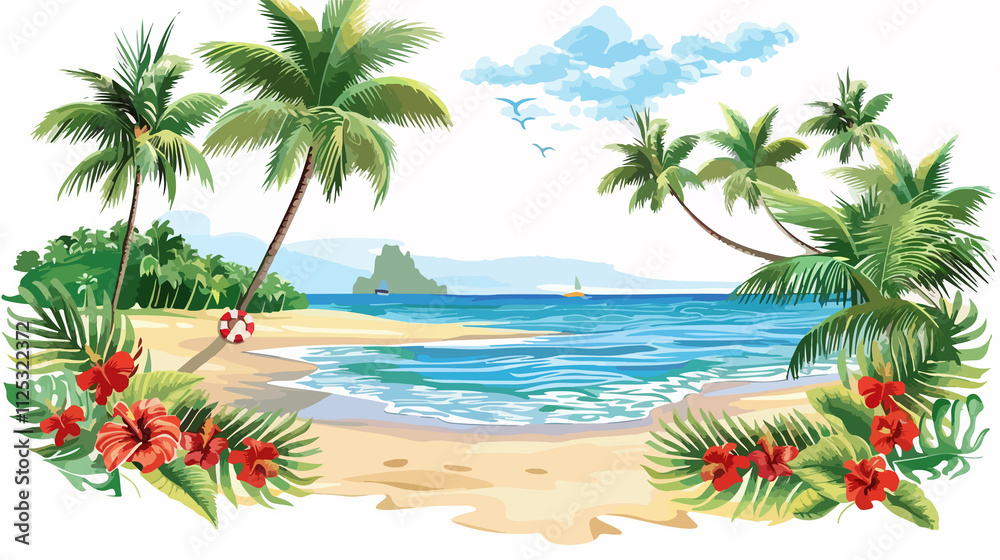 Fototapeta premium Tropical Beach Adventure Frame Vector Illustration Isolated