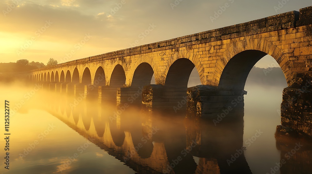 Fototapeta premium Sunrise over ancient stone arch bridge reflecting in calm misty water.