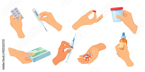 Hands hold medications. Hand giving handful capsule pills and check temperature, pharmaceutical prescription painkiller box handing medication urine bottle neat vector illustration