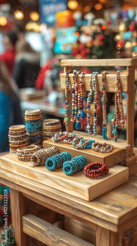 Colorful handmade jewelry display.