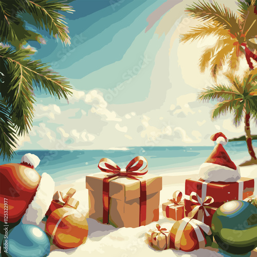 Landscape of wooden chaise lounge, palm tree on beach. Umbrella. Sun with clouds. Day in tropical place. Vector illustration in flat style. Summer beach scene banner design background.	