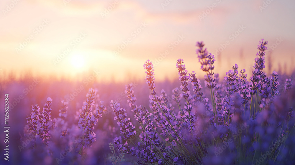 Lavender field under a soft sky at dusk, with light gently reflecting on the flowers, creating a calm and peaceful atmosphere.