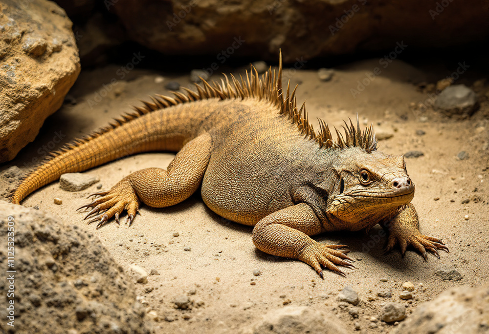 A large brown lizard-like creature with a spiny back and long tail resting on a rocky, sandy ground A large brown lizard-like creature with a spiny back and long tail resting on a rocky, sandy ground