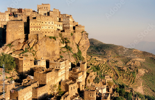 View at Al Hajarah during sunset, this village is on Haraz mountain in south of capital city of Yemen, Sana’a. photo