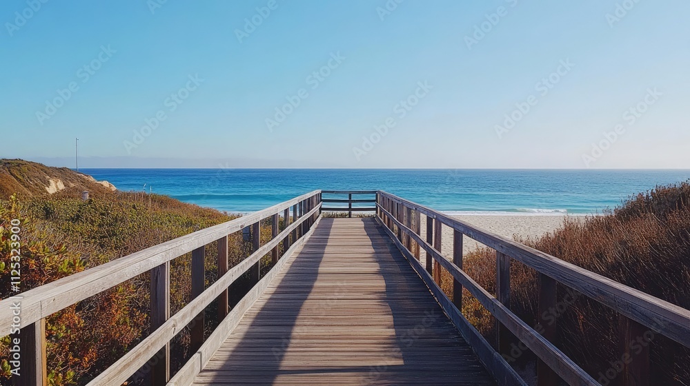 Fototapeta premium A wooden boardwalk leading to a coastal building, with the ocean stretching out in the background.
