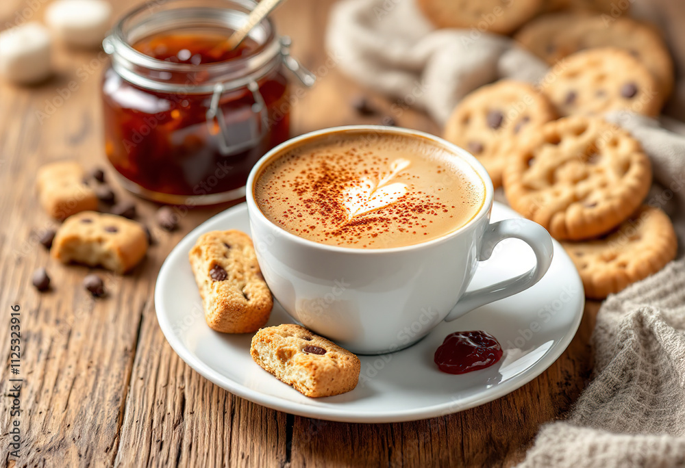 A photo of a cup of espresso coffee served with cantucci cookies and jam A photo of a cup of espresso coffee served with cantucci cookies and jam
