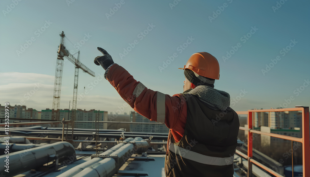 At construction site manager visit engineer working on the rooftop near pipe rack to inspection the progress by looking from the blue print drawing and look around and pointing and check hand At construction site manager visit engineer working on the rooftop near pipe rack to inspection the progress by looking from the blue print drawing and look around and pointing and check hand
