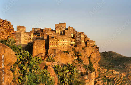 View at sunset at Al Hajarah, a village on Haraz mountain in south of capital city of Yemen, Sana’a. photo