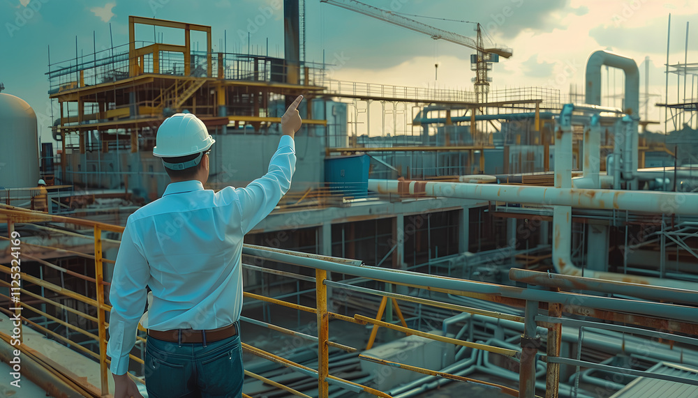 At construction site manager visit engineer working on the rooftop near pipe rack to inspection the progress by looking from the blue print drawing and look around and pointing and check hand At construction site manager visit engineer working on the rooftop near pipe rack to inspection the progress by looking from the blue print drawing and look around and pointing and check hand