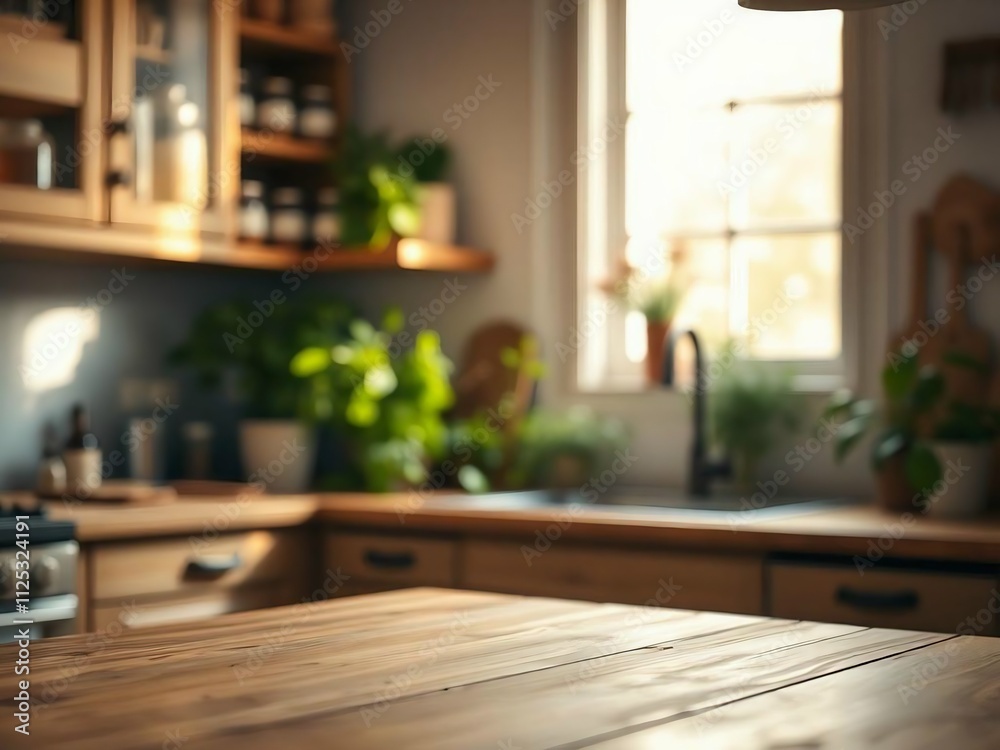 Green Empty wooden table with the bright white interior of the kitchen as a blurred background behind the bokeh golden Sunshine. Green Empty wooden table with the bright white interior of the kitchen as a blurred background behind the bokeh golden Sunshine.