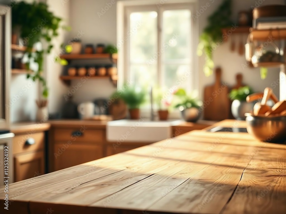 Green Empty wooden table with the bright white interior of the kitchen as a blurred background behind the bokeh golden Sunshine. Green Empty wooden table with the bright white interior of the kitchen as a blurred background behind the bokeh golden Sunshine.
