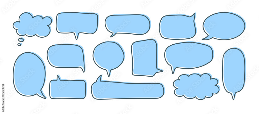 Hand drawn speech bubbles set. Text boxes doodle style. Communication chat windows with outline frame.