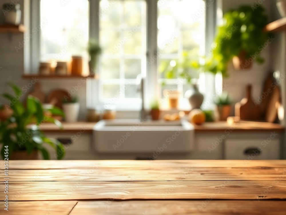 Green Empty wooden table with the bright white interior of the kitchen as a blurred background behind the bokeh golden Sunshine. Green Empty wooden table with the bright white interior of the kitchen as a blurred background behind the bokeh golden Sunshine.