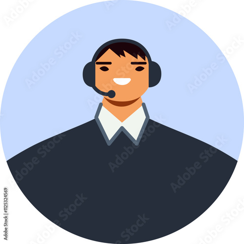 Friendly male call center operator smiling while wearing a headset, delivering efficient and helpful customer support in a professional office environment