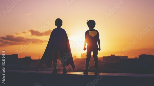 Two Young Boys Stand As Superheroes At Sunset