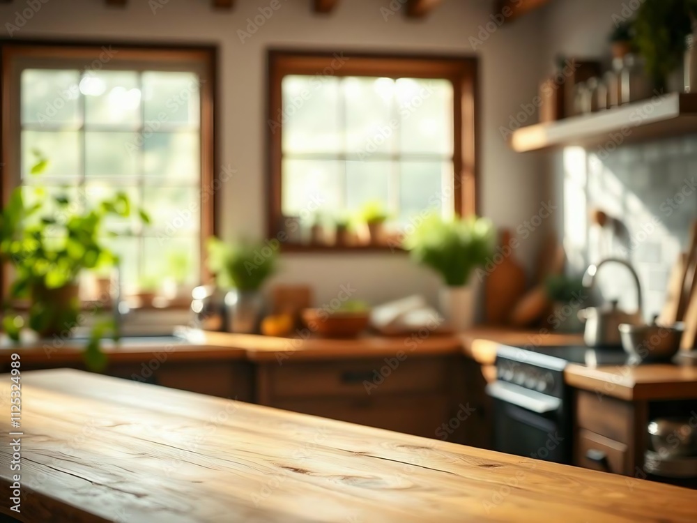Green Empty wooden table with the bright white interior of the kitchen as a blurred background behind the bokeh golden Sunshine. Green Empty wooden table with the bright white interior of the kitchen as a blurred background behind the bokeh golden Sunshine.