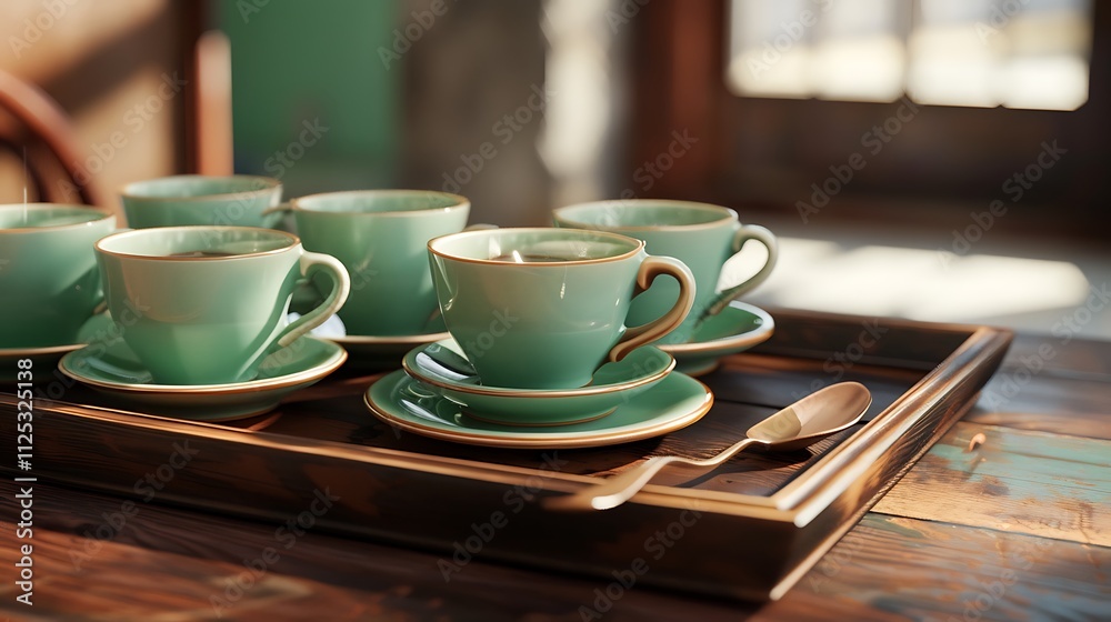 A set of coffee cups and saucers arranged on a wooden tray, with a vintage spoon beside them