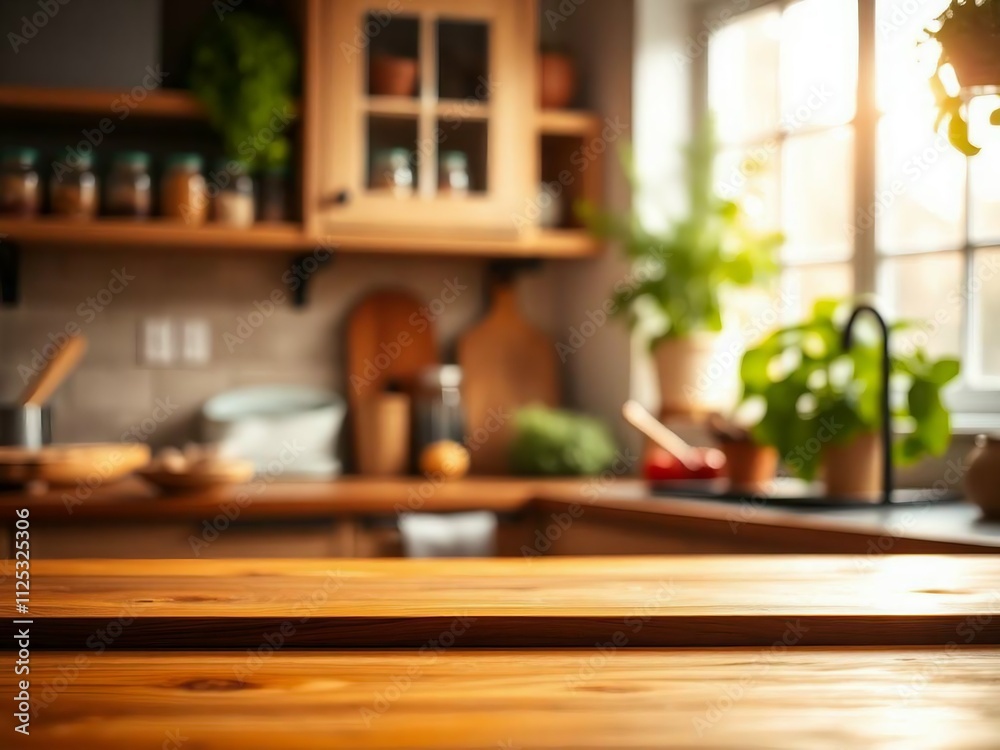 Green Empty wooden table with the bright white interior of the kitchen as a blurred background behind the bokeh golden Sunshine. Green Empty wooden table with the bright white interior of the kitchen as a blurred background behind the bokeh golden Sunshine.