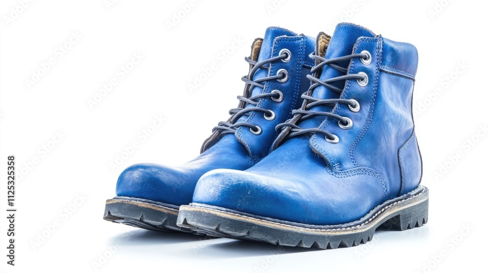 Blue Leather Boots with Laces on White Background Blue Leather Boots with Laces on White Background