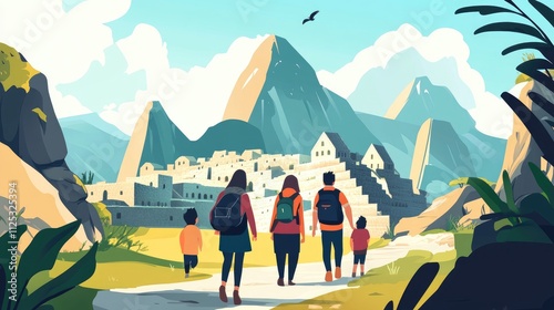 Family hiking towards Machu Picchu, scenic mountains.