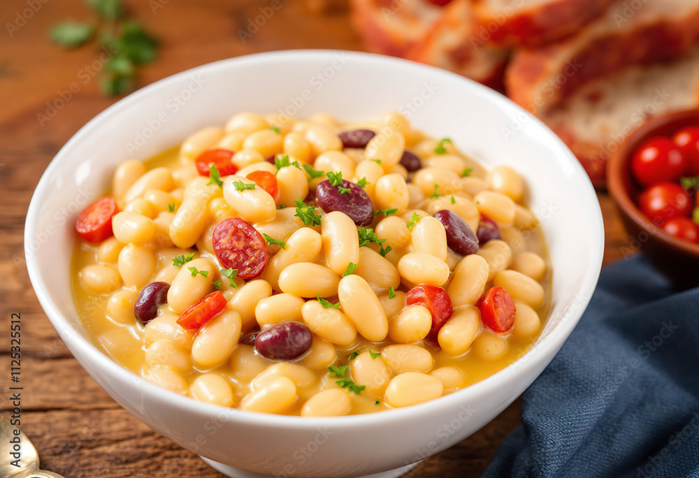 a white bowl filled with creamy baked beans a white bowl filled with creamy baked beans