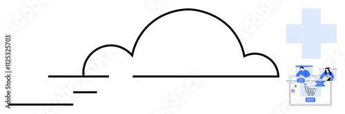 Cloud outline with speed lines, digital marketing icons, shopping cart, medical cross. Ideal for cloud technology, online shopping, digital marketing, healthcare, data storage IT services