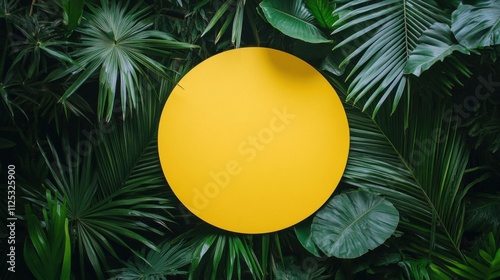 Overhead shot of a yellow advertising circle surrounded by green palm leaves on a white background photo