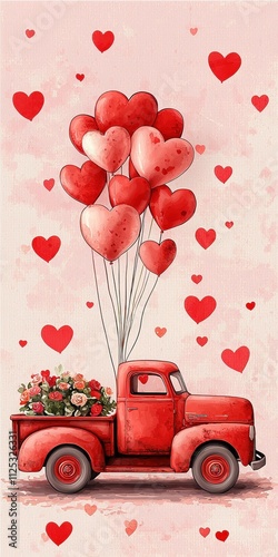Vintage red truck with heart balloons and roses on romantic background