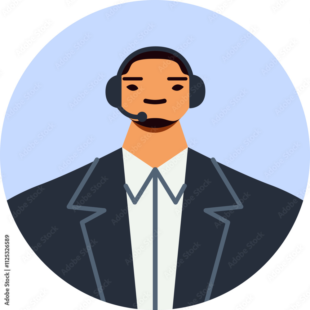 Confident smiling male call center operator wearing headset assisting clients, providing customer support and answering questions, working in modern office