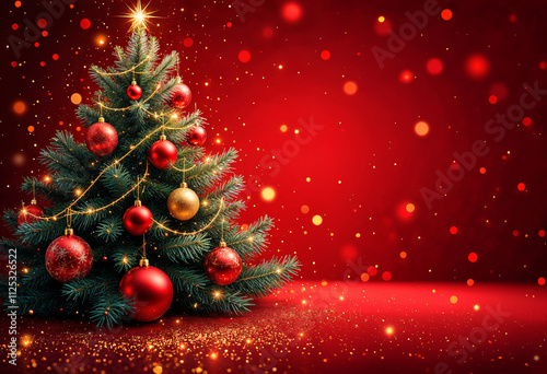 Christmas Tree In Red Shiny Glittering Background - Baubles Hanging On Fir With Abstract Lights with copy space