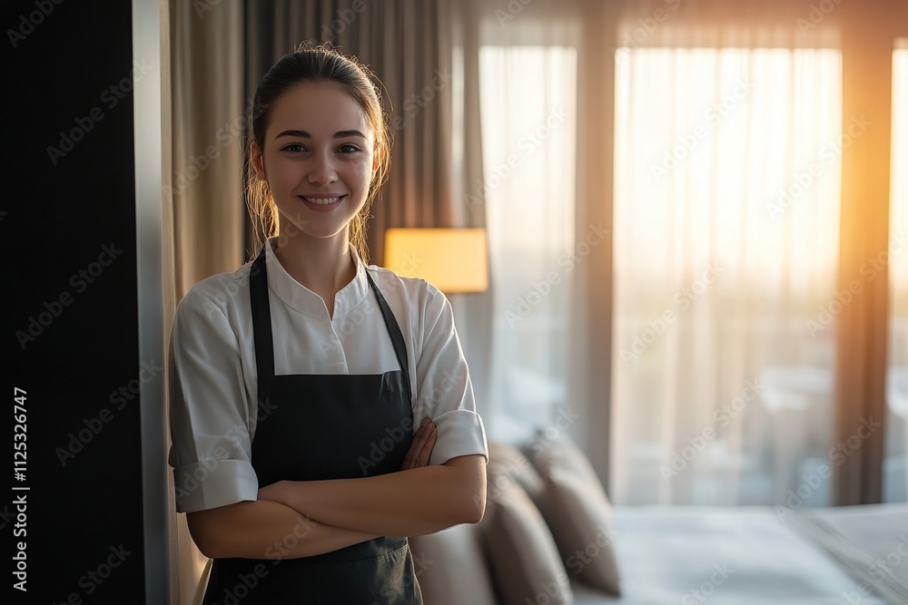 Portrait of smiling housekeeper in black apron in hotel room Portrait of smiling housekeeper in black apron in hotel room