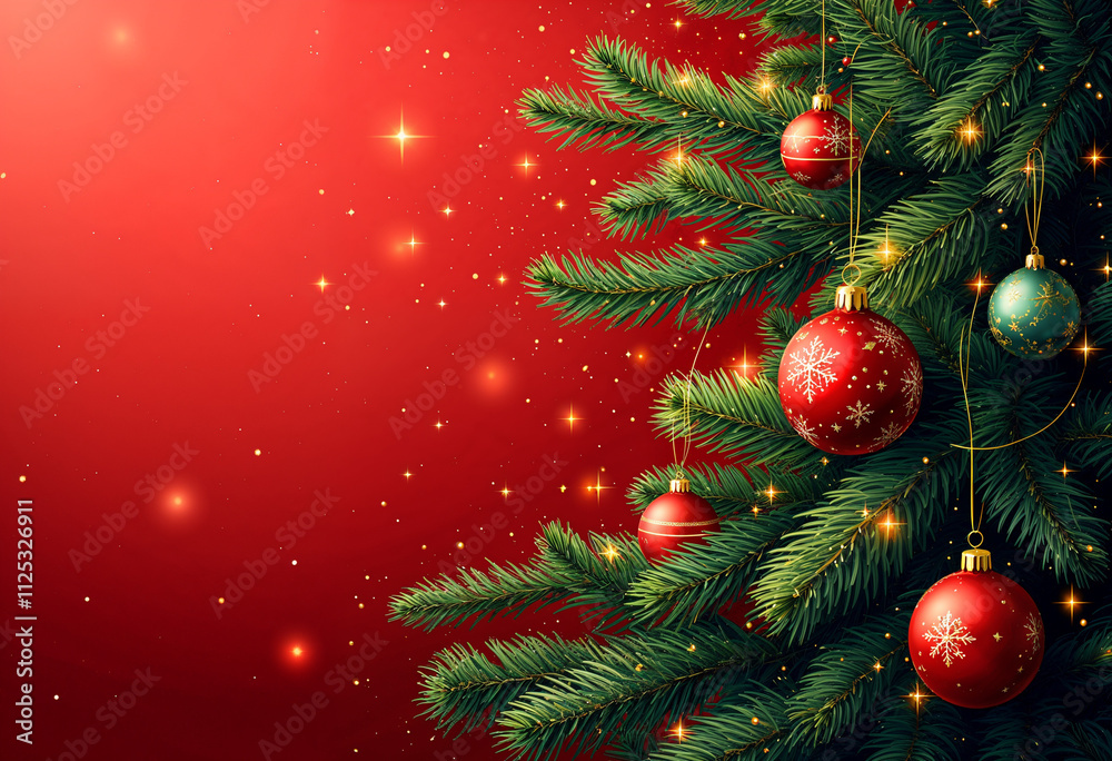Christmas Tree In Red Shiny Glittering Background - Baubles Hanging On Fir With Abstract Lights with copy space Christmas Tree In Red Shiny Glittering Background - Baubles Hanging On Fir With Abstract Lights with copy space