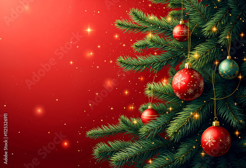 Christmas Tree In Red Shiny Glittering Background - Baubles Hanging On Fir With Abstract Lights with copy space