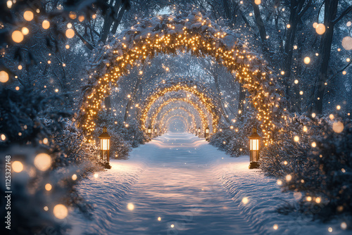 Christmas amazing park. Beautiful winter trail in a snowy Christmas park in the background.