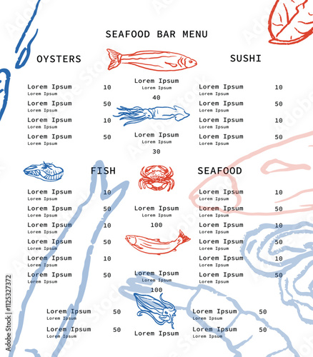 Isolated vector set of seafood. Shrimps, langoustines, prawns, salmon, trout, oysters, mussels, squid, crab, lemon.Hand-drawn seafood delicacy, restaurant and marine cafe menu.