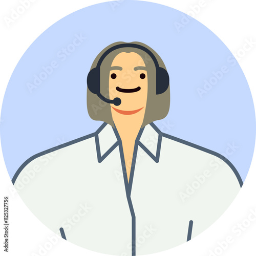 Friendly customer service representative wearing a headset, smiling warmly while providing assistance and support. Engaging in communication within a round icon design