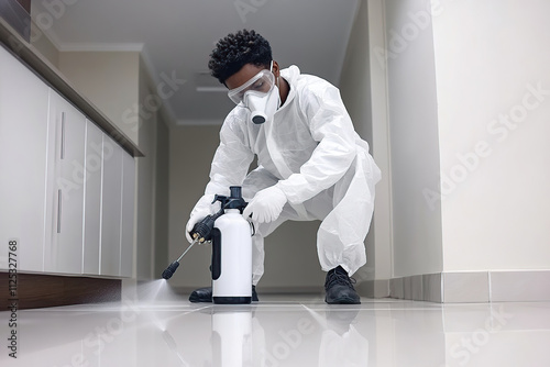 Pest control worker in mask and protective suit spraying pesticide for exterminate rats and other vermin photo