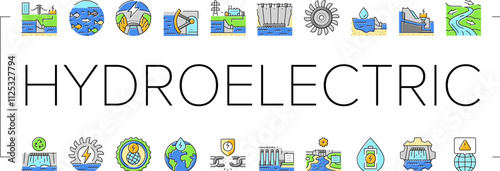 hydroelectric power plant energy icons set vector. hydro dam, station generator, water electricity green, electric industry hydroelectric power plant energy color line illustrations