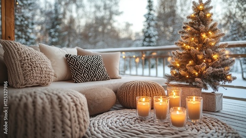 Cozy winter terrace with lit christmas tree and candles in a snowy setting