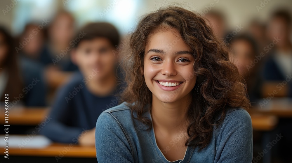 Fototapeta premium Happy student smiling in classroom setting with peers