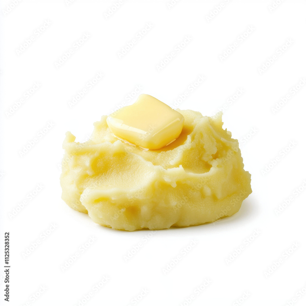 Creamy mashed potatoes topped with a melting pat of butter on a white background. Creamy mashed potatoes topped with a melting pat of butter on a white background.