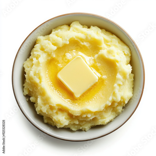 A bowl of creamy mashed potatoes topped with a melting pat of butter, creating a delicious and comforting dish.