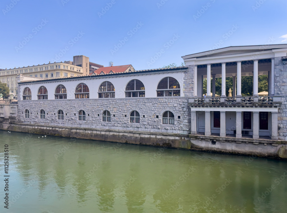 Ljubljana, Slovenia - June 28, 2024: Covered market along the Ljubljanica river with Institute of Labor Law at the University building in back under blue sky Ljubljana, Slovenia - June 28, 2024: Covered market along the Ljubljanica river with Institute of Labor Law at the University building in back under blue sky