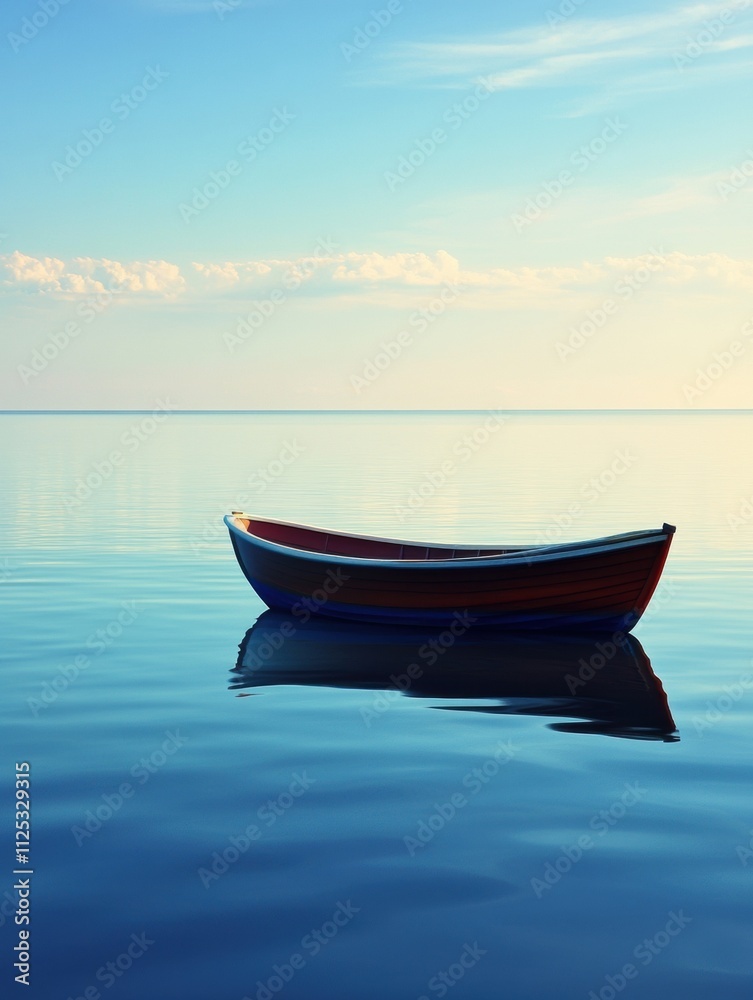 A quiet boat rests on still water beneath a clear blue sky, inviting a sense of tranquility and blank space for additional content. Generative AI A quiet boat rests on still water beneath a clear blue sky, inviting a sense of tranquility and blank space for additional content. Generative AI
