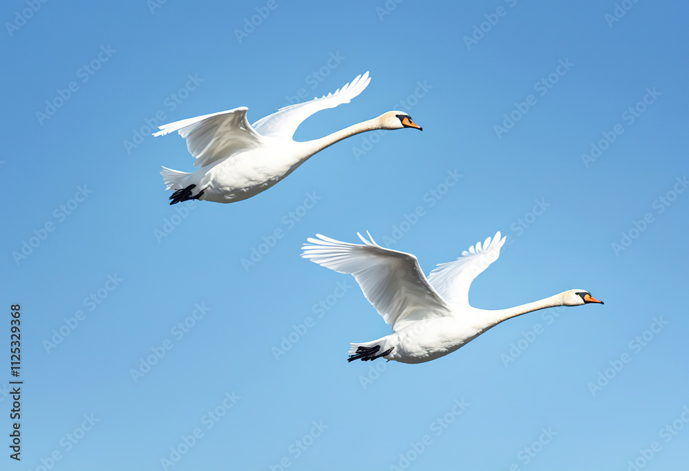 Three white swans flying against a clear blue sky Three white swans flying against a clear blue sky